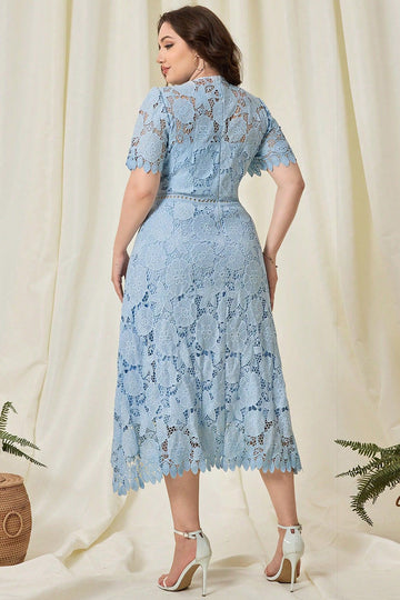 Sky Blue Lace Plus Size Tea-Length Mother of the Bride Dress